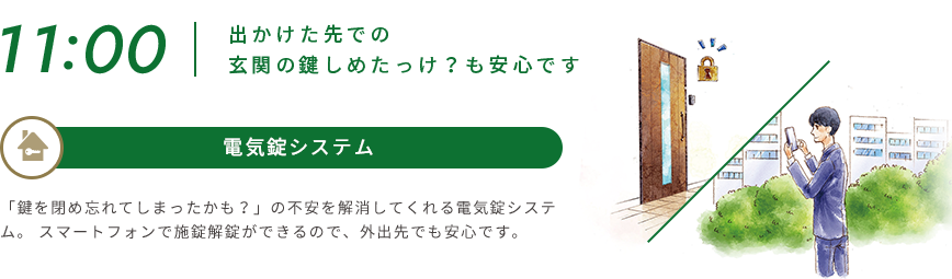 11:15 | 出かけた先での玄関の鍵しめたっけ？も安心です